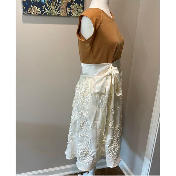 Shabby Apple A-Line Dress Satin Waist Bow Ribbon Detail Sz S Tan Cream Whimsical - Picture 5 of 10